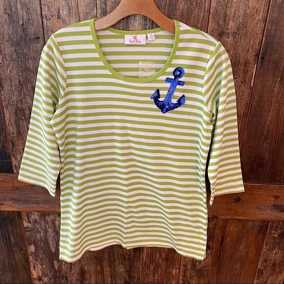 Quacker Factory Sz XS NWT Green Stripe Sequins Top - Picture 4 of 10